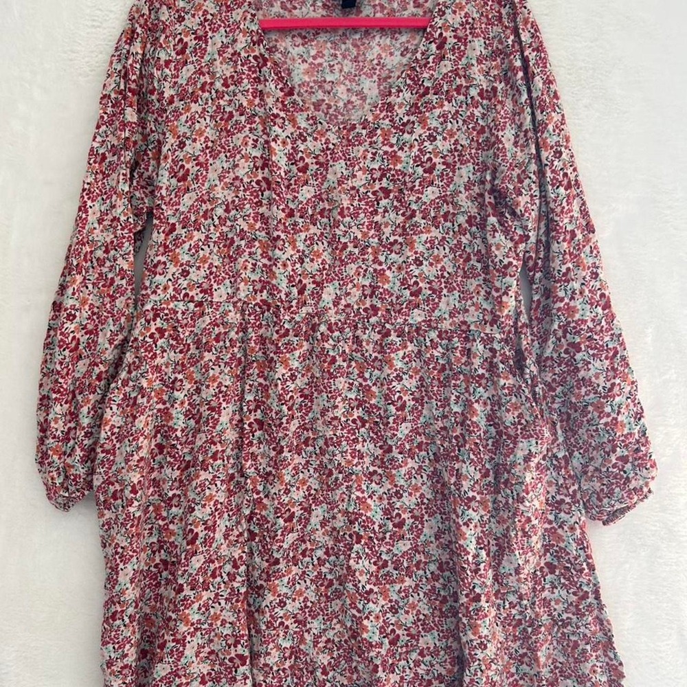 Torrid Floral Babydoll Dress Womens Plus Size V-Neck Long Sleeve Mini Red Orange